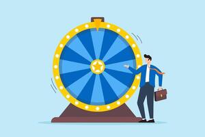 Excited businessman look at spinning fortune wheel waiting for luck. Concept of life depends on luck, randomness, chance, and opportunity. Concept of gambling activities where outcomes are uncertain vector