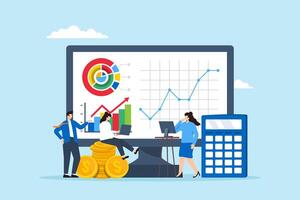 Business people work with financial dashboard and calculator, illustrating data analysis. Concept of financial management, accounting, monitoring corporate revenue, investment profits, taxes, budgets vector