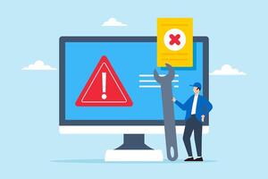 Technician holding wrench while fix system failure or errors message on computer. Concept of software problems, hardware faults, caution and maintenance to resolve security alerts vector