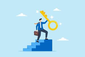 Victorious businessman ascends to the top of stairway lifting golden success key towards the sky. Concept of find secret key or achieve career targets vector