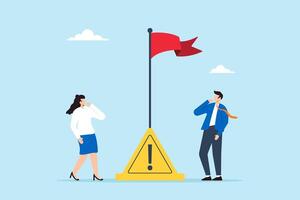 Thoughtful businessman and businesswoman look at red flag warning, illustrating careful in business or economic disaster. Concept of advice, notice, or alert for potential threats or risks vector