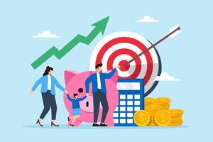 Family with piggy bank, coin money, calculator, and financial target, illustrating investment planning. Concept of saving, wealth management, budgeting, dealing with debt and mortgages, pension fund vector