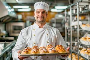 un hombre es un panadero en un panadería, participación un bandeja de Fresco bollos foto