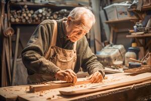 An elderly man doing carpentry work in a workshop. Small business concept, hobby concept. . photo