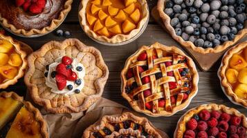 es with berries and fruits on wooden background. Fresh pastries. Bakery concept. photo