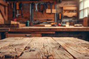 Empty wooden table in the foreground and blurred background with carpenter's tools on the wall. . photo