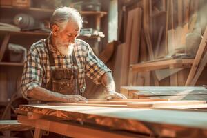 CAn elderly man doing carpentry work in a workshop. Small business concept, hobby concept. . photo