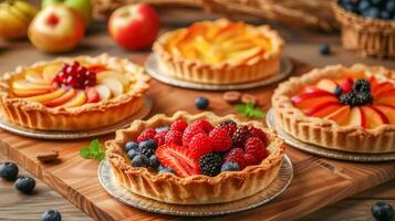 Cakes with berries and fruits on wooden background. Fresh pastries. Bakery concept. photo