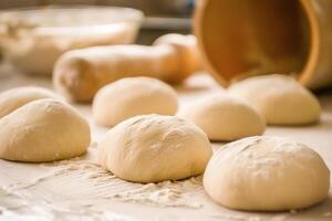 Baking dough lying on the table. Bakery concept, bread concept. photo