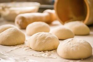 horneando masa acostado en el mesa. panadería concepto, un pan concepto. foto