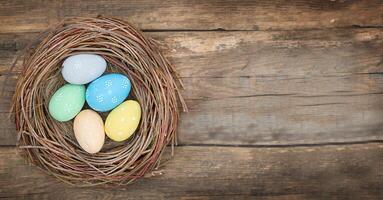 Color Easter eggs in bird's nest on wooden background - top view photo