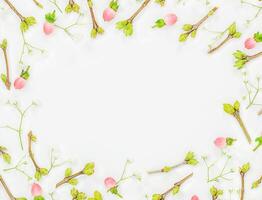 Spring background of small twigs with buds and pink berries on light backdrop with blank circle in the middle photo