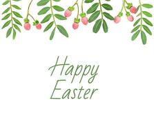 Easter greeting card with green leaves and pink berries on the top photo