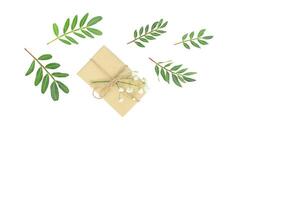 Holiday gift box with green leaves isolated on white photo