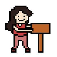 Cute pixel cartoon character woman hold wooden sign wood board decoration 8 bit female with blank space sign wooden pixel game. vector