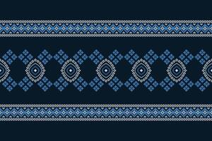 Traditional ethnic motifs ikat geometric fabric pattern cross stitch.Ikat embroidery Ethnic oriental Pixel navy blue background. Abstract,illustration. Texture,decoration,wallpaper. vector