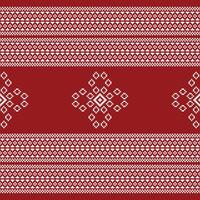 Traditional ethnic motifs ikat geometric fabric pattern cross stitch.Ikat embroidery Ethnic oriental Pixel red background. Abstract,illustration. Texture,christmas,decoration,wallpaper. vector