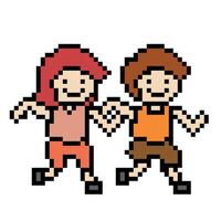 Cute pixel cartoon 8bit character man woman run together running lifestyle decoration life style 8 bit run together love marathon bib exercise. vector