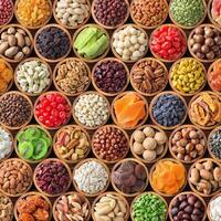 colorful collage of nuts and dried fruit, assorted healthy food background. photo