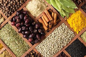 Spices and herbs for decorating food labels . Seasoning in wooden box as background, top view. photo