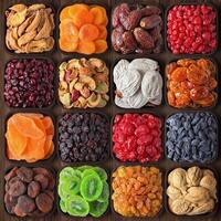 candied and dried fruit on table, top view. colorful food background photo
