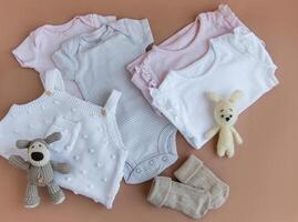 Set of pink clothes and accessories for newborn baby. Knitted toys rabbit and dog, romper, socks and handband photo