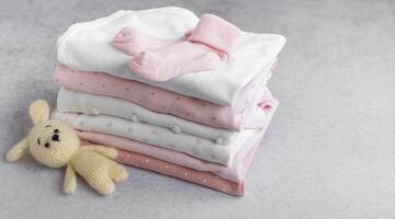 Stack of Baby bodysuits on a grey background. photo