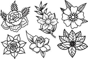 set of black and white flowers and leaves on a white background vector