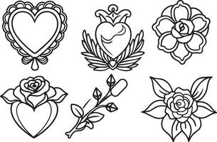 set of hand drawn doodle hearts, roses, leaves and branches. vector