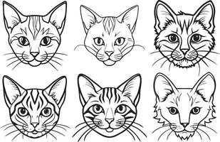 conjunto de gatos cabezas, ilustración en negro y blanco colores. vector