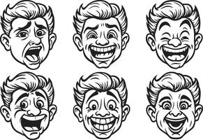 conjunto de dibujos animados hombres facial expresiones . ilustración en negro y blanco colores. vector