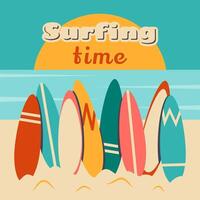 verano playa antecedentes con diferente, brillante, de colores tablas de surf surf en antiguo, retro diseño. plano ilustración para póster, bandera, día festivo, deporte, estilo de vida diseño vector