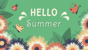 Summer background. Beautiful greeting card with colorful flowers, ladybug, foliage, butterfly and greeting text. Nature concept. template for banner, card, poster vector