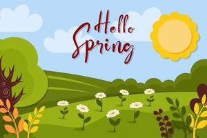 Spring background. Green meadow, flowers, foliage, trees, sky, cloud, grass. Nature landscape template. Summer spring design for banner, poster, greeting card. cartoon style vector