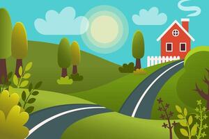 Spring background. Green lawn with house, road, meadow, flowers, foliage, trees, sky, cloud, grass. Nature landscape template. Summer spring design for banner, Poster, card. cartoon style vector