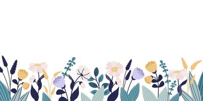 primavera botánico bandera con hermosa vistoso flores, hojas, flores, herbario plantas, flores silvestres florístico antecedentes. floral modelo. plano ilustración vector