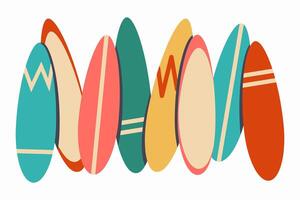 Surfboard set. Collection of different bright, colored vintage surfboards isolated on white background. flat illustration vector