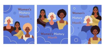 Women's history month. Set of posters. Young womens of different nationalities. Movement for Women's Rights. Feminism, women empowerment, gender equality concept. flat illustration vector