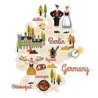 Germany map hand drawn in cartoon style. People in national dress, tourist attractions, cultural landmarks, architecture, inventions, traditional food. Comic infographic, doodle cliparts. vector