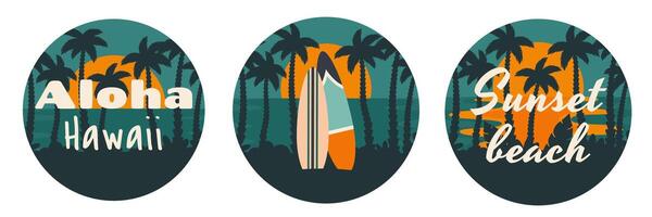 Sunset beach. Set of summer beach background. Beautiful seascape with silhouettes of tropical palm leaves, sunrise, ocean, surfboards in sand. vector