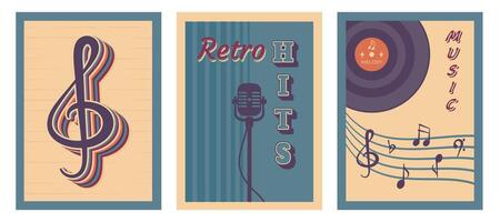 conjunto de retro música póster. Clásico antecedentes con musical desct, micrófono, notas, letras. ilustración para bandera, volantes, cartel, disco fiesta, festival, invitación, publicidad. vector