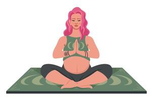 hermosa embarazada mujer haciendo yoga en estera. embarazada yoga. hermosa joven mamá con barriga meditación, relajante. físico formación para futuro madres sano estilo de vida, cuidado del cuerpo. ilustración vector