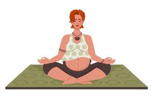 embarazada yoga. joven embarazada mujer sentado en loto pose. hembra personaje haciendo meditación. madre con barriga haciendo yoga, meditando práctica. sano estilo de vida. sano estilo de vida. vector