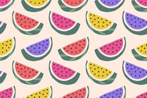 Trendy colorful background. Watermelon seamless pattern. Half of Sweet Fresh Watermelon. Ripe Melon slices. Healthy organic food. illustration for wallpaper, print, packaging vector