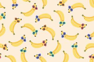 Banana seamless pattern. Hand drawn Cute smiling bananas in color sunglasses with different emotions. Banana cartoon background. illustration for wallpaper, textile, print, baby products vector