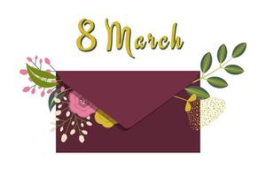 International women's day. Cute greeting envelope with flowers. Beautiful template for congratulations on Women's Day March 8, Mother's Day, postcards, posters, spring holiday. illustration vector
