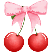 Pink coquette cherry bow clipart, Hand drawn watercolor illustration. png