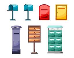 Post mail boxes set. Letter boxes for communication, mailing. Mail newsletter package delivery vector