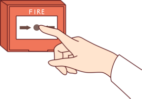 Fire alarm button on wall and hand of person who wants to notify everyone about emergency situation. Fire alarm technologies for prevention combating consequences of flame spread throughout building png