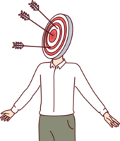 Man with target on head symbolizes targeted marketing and importance of having portrait of potential client when planning. Guy in business suit is goal of targeted advertising or promotion png